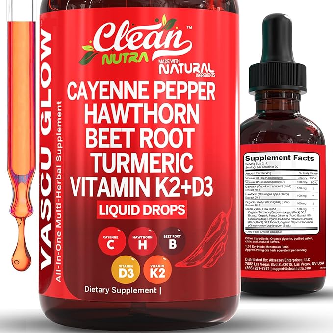 Clean Nutra Cayenne Pepper Drops Supplement Liquid + Hawthorn Berry, Vitamin D3 K2 Beet Root Powder, Ceylon Cinnamon, Turmeric Curcumin, Organic Panax Ginseng, Berberine Extract Organic