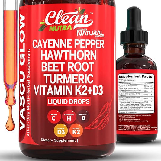 Clean Nutra Cayenne Pepper Drops Supplement Liquid + Hawthorn Berry, Vitamin D3 K2 Beet Root Powder, Ceylon Cinnamon, Turmeric Curcumin, Organic Panax Ginseng, Berberine Extract Organic