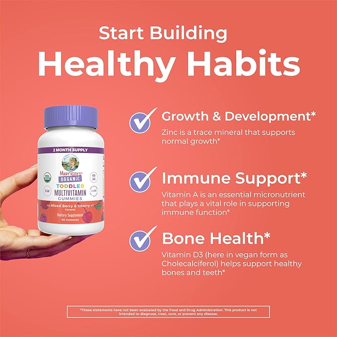 MaryRuth Organics Vitamin Gummy | Kids and Toddlers Age 2+ | USDA | Daily Vitamin C | D3 | Zinc | Mixed Berry and Cherry | 2 Month Supply