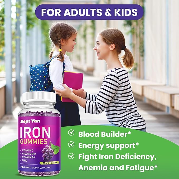 Iron Gummies for Women & Kids - with Vitamin C, B12, B6, Zinc - Blood Builder & Energy - Iron Supplement Gummies Support for Iron Deficiency, Anemia - 60 Vegan Gummies Grape Flavor