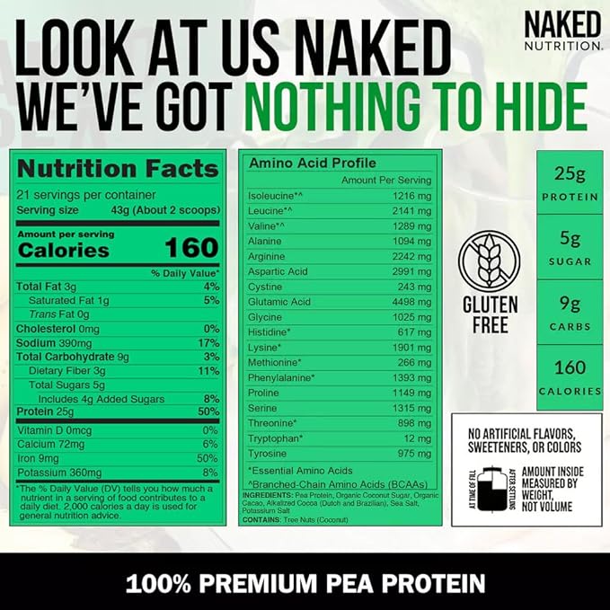 NAKED Pea - Double Chocolate Protein from US & Canadian Farms, Organic Cocoa, Organic Coconut Sugar - No GMO, No Soy, and Gluten Free, Aid Growth and Recovery - 21 Servings