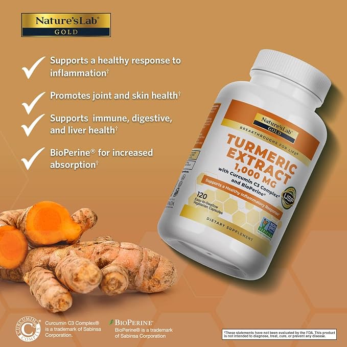 Nature's Lab Turmeric Curcumin C3 Complex 1000mg - Turmeric Extract 1000mg & BioPerine 5mg Standardized to 95%, Promotes Cardiovascular, Immune, Joint, Skin Health - 120 Capsules (60 Day Supply)