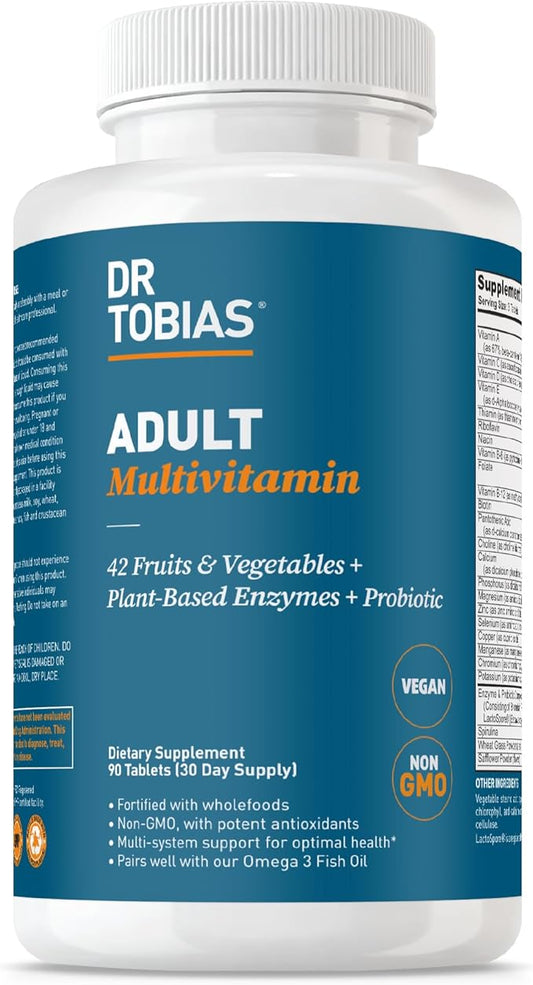 Dr. Tobias Adult Multivitamin for Women & Men, Immune Supporting Vitamins from 42 Fruits, Vegetables, Plus Probiotics, Vegan Multivitamins for Men & Women, Non-GMO, 90 Tablets, 30 Servings