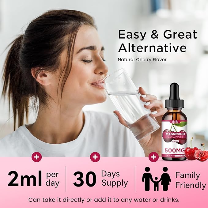 Magnesium Glycinate Supplement, Magnesium Glycinate Liquid Drops 500mg with Calcium, Zinc, Vitamin B6, D3, L-Theanine, Omega 3 for Sleep, Mood, Stress Relief, Bone, Muscle, Cherry Flavor