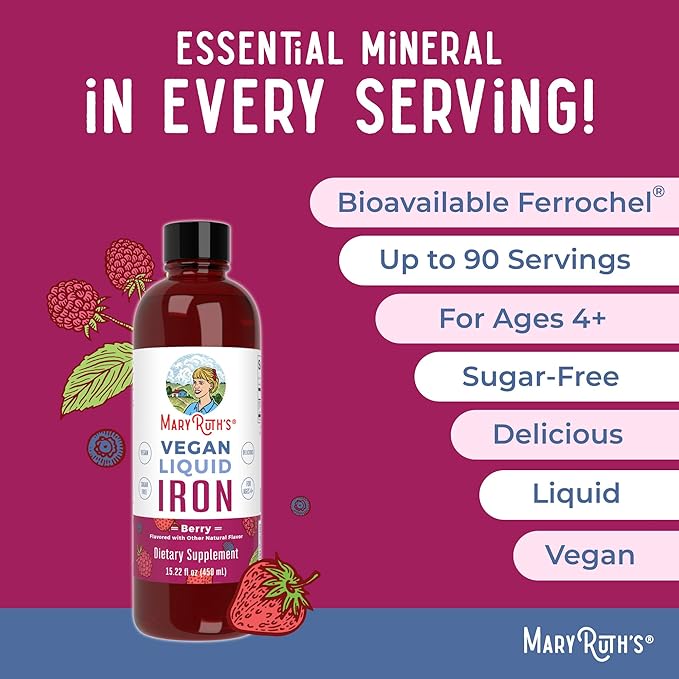 MaryRuth Organics Iron Supplement for Women Men & Kids, Liquid Iron Supplement for Women Men & Kids, Iron for Healthy Blood & Oxygen, Ages 4 & Up, Sugar Free, Vegan, Non-GMO, Gluten Free, 15.22 Fl Oz