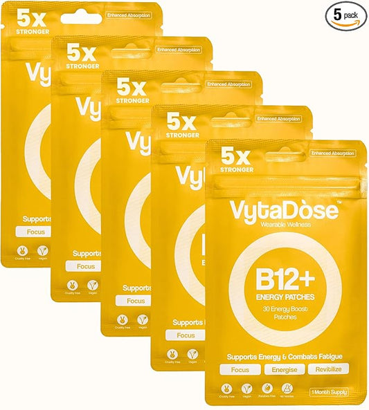B12+ Energy Patches | Complete B-Vitamins, Caffeine, Guarana & Natural Energy Blend | Bioactive B Vitamins for Mood, Energy, Methylation & Cognition | 5X Stronger Formula (5 Pack)