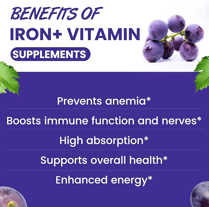 Iron Gummies for Women & Kids - with Vitamin C, B12, B6, Zinc - Blood Builder & Energy - Iron Supplement Gummies Support for Iron Deficiency, Anemia - 60 Vegan Gummies Grape Flavor