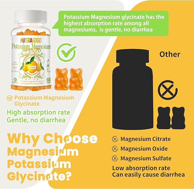 Potassium Magnesium Gummies,Potassium Supplement w/Ashwagandha,High Absorption Magnesium Glycinate,B6,D3,Potassium Citrate for Leg Cramps,Muscle,Electroyte for Adults Kids,Sugar-Free, 60 Gummies