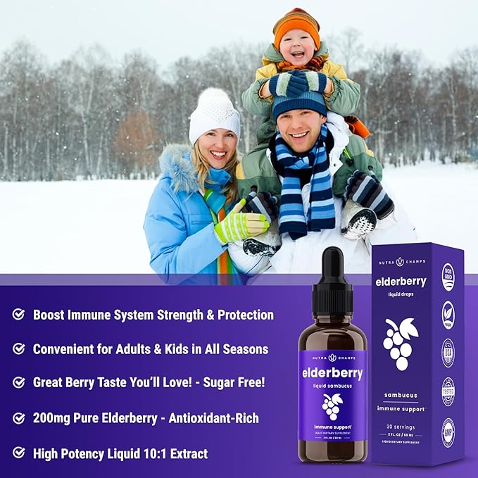 NutraChamps Black Elderberry Syrup, Potent 2000mg 10:1 Extract Sambucus Elderberry Syrup Antioxidant, Elderberry Drops Berry Flavor, Liquid Elderberry Extract Sugar-Free 2oz, Immune Support