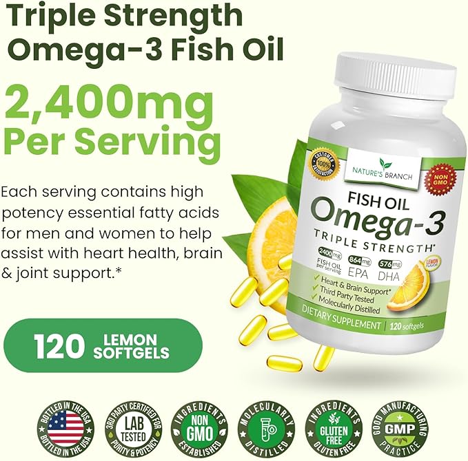 Best Triple Strength Omega 3 Fish Oil Pills 2400mg | 120 Capsules | Burpless High Potency Lemon Flavor | 864mg EPA 576mg DHA Ultra Pure Liquid Softgels | Brain Joints Eyes Hair Heart Health Supplement