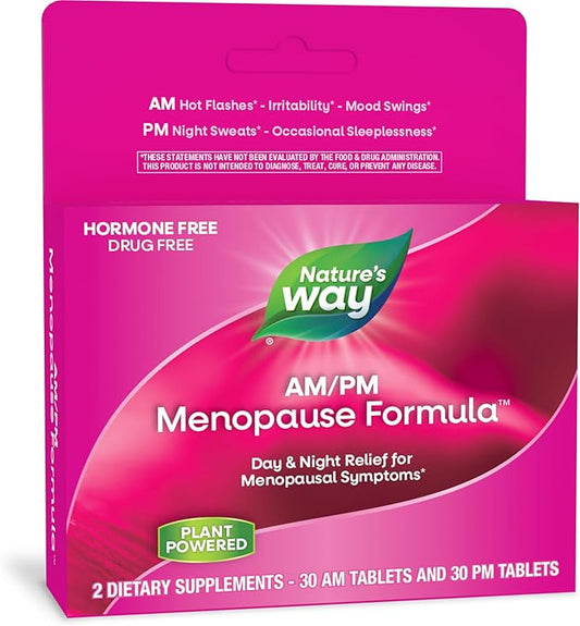 Nature's Way AM/ PM Menopause, Hot Flash Relief*, Night Sweats*, Restful Sleep*, Mood Swings*, Hormone-Free Formulas with Black Cohosh, L-Theanine, Valerian, 60 Tablets (Packaging May Vary)