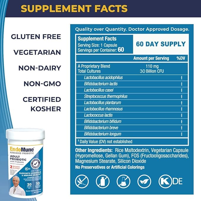 Endomune Advanced Adult Multi-Strain Probiotic Supplement with Prebiotic | 10 Strains, 30 Billion CFU | Physician Formulated (60-Count)
