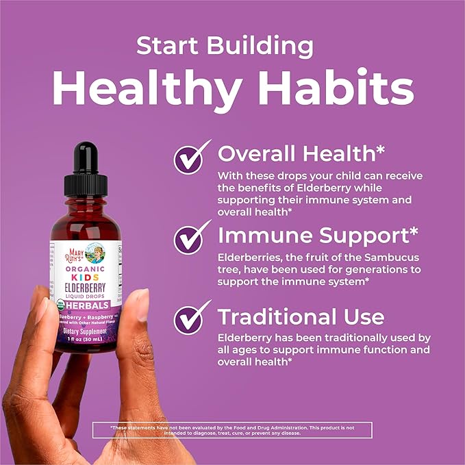 MaryRuth Organics USDA Organic Elderberry Liquid Drops for Kids | Vegan Elderberry Extract Organic Glycerin | Immune Support Supplement | Overall Health | Formulated for Ages 4-13 | 1oz