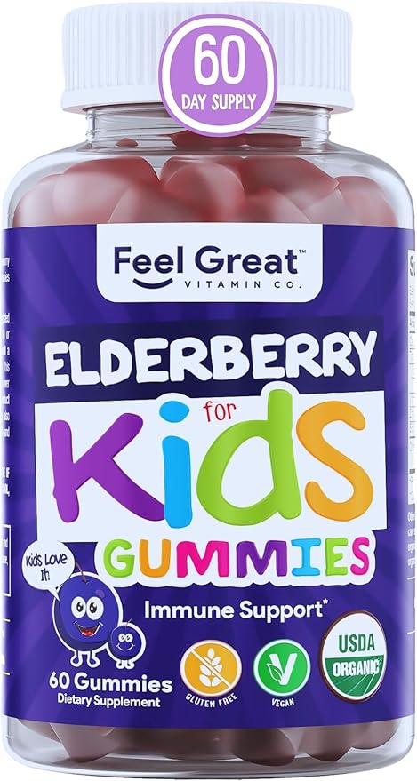 USDA Organic Elderberry Gummies for Kids | Immune Support Elderberry with Zinc and Vitamin C - Gluten Free & Vegan Children's Vitamins - 60 Count | Sambucus Nigra Supplement