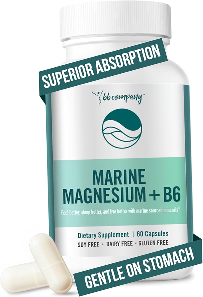 Ocean Magnesium 200mg Aquamin | More Soluble Than Magnesium Glycinate | Whole Food Mag B6 Supplement for Women | Gentle on Stomach & Vegan | Sleep Support, Calms Nerves & Leg Cramps | 60 Ct