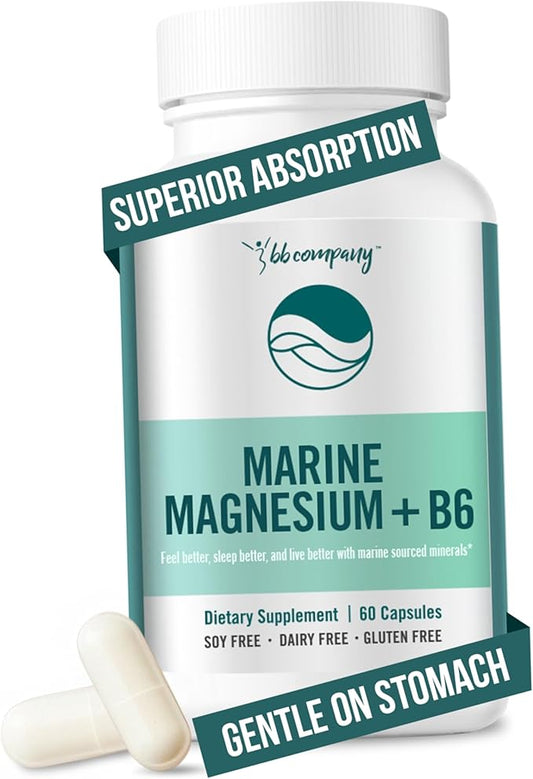 Ocean Magnesium 200mg Aquamin | More Soluble Than Magnesium Glycinate | Whole Food Mag B6 Supplement for Women | Gentle on Stomach & Vegan | Sleep Support, Calms Nerves & Leg Cramps | 60 Ct