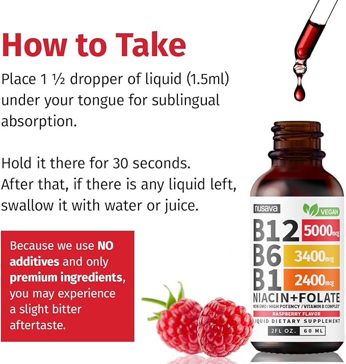 (2 Pack) Vitamin B12 and B6 Liquid Drops, B12 Sublingual Vitamin B Complex - B 12 Vitamin 5000mcg - B12 Methylcobalamin for Energy, Brain, and Heart Support with 27,200 mcg, Raspberry, 80 Servings