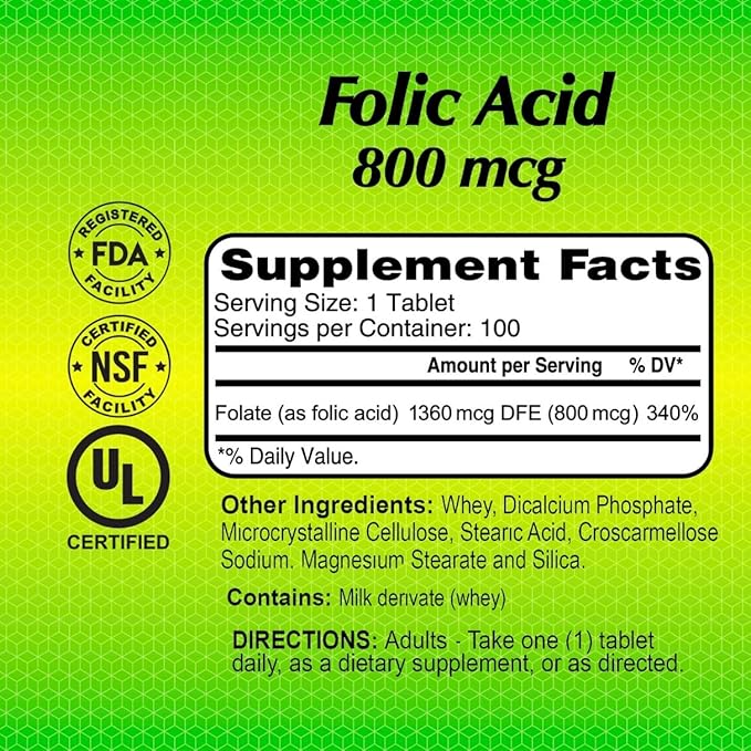 ALFA VITAMINS Folic Acid 800 Mcg Dietary Supplement - Natural Folate, Helps Supports Cardiovascular Health, Metabolism, Brain, & Proper Development of Fetus During Pregnancy - 100 Tablets