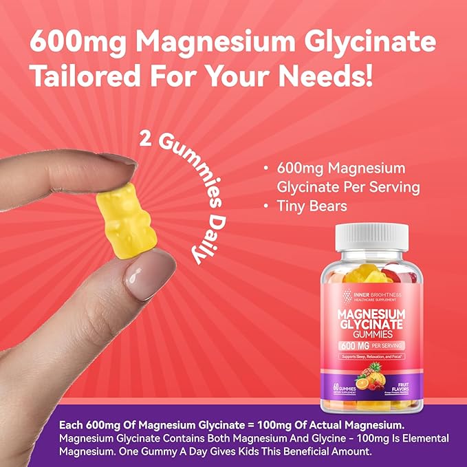 Magnesium Glycinate Gummies 600mg, Non-GMO, Gluten-Free, Magnesium Gummies for Adults & Kids, Sleep, Relaxation & Focus, 3 in 1 Flavor, 60 Count