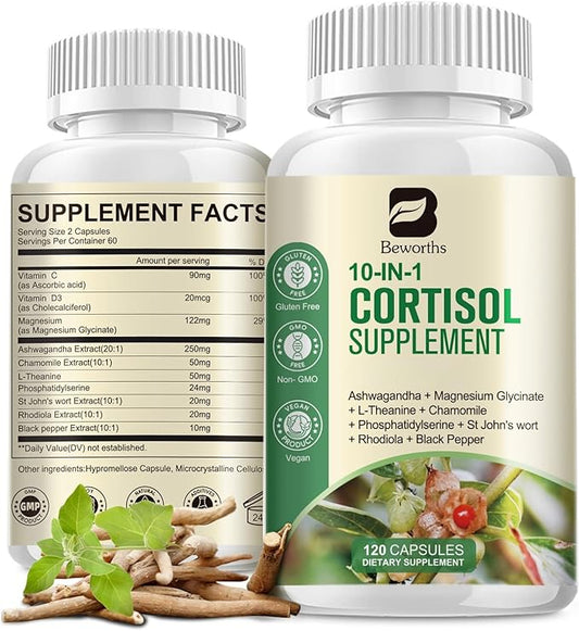 Cortisol Supplements, 10-In-1 Cortisol Reducer with Magnesium, Ashwagandha, L-Theanine, Rhodiola, Lower Cortisol for Women Men - Balanced Cortisol Levels for Stress Manage, Night Support, 120 Capsules
