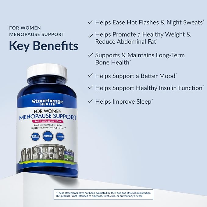 Stonehenge Health for Women Menopause Support for Peri + Menopause + Post - Mood, Energy, Stress, Hot Flashes, Night Sweats, Sleep & Cortisol, Chromax Chromium, Vitamin D3, KSM-66 Ashwagandha Extract