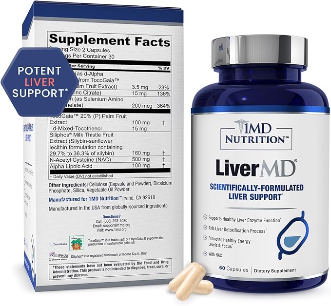 1MD LiverMD - Liver Support Supplement | Siliphos Milk Thistle Extract - Highly Bioavailable, for Liver Support | 60 Capsules