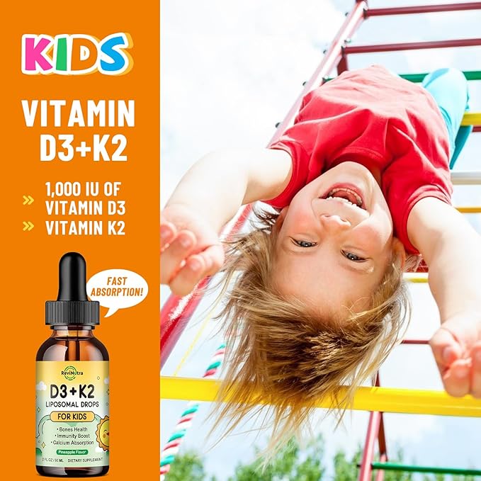 Vitamin D3 K2 Drops for Kids, Liposomal Liquid K2 D3 Vitamin Supplement with Calcium Magnesium Zinc, Vitamin B12, C, E for Kids & Adults Strong Bones Teeth & Heart, Pineapple Flavor 2 Fl Oz