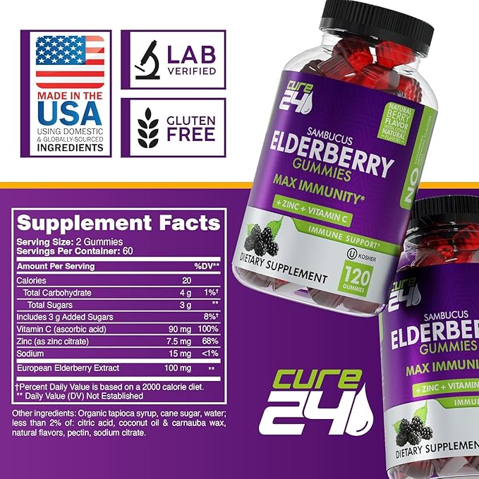 Sambucus Elderberry Gummies + Vitamin C + Zinc for Kids & Adults, X3 Immune Support, Natural Flavors + Ingredients, Vegan, Non-GMO, Made in USA (120)
