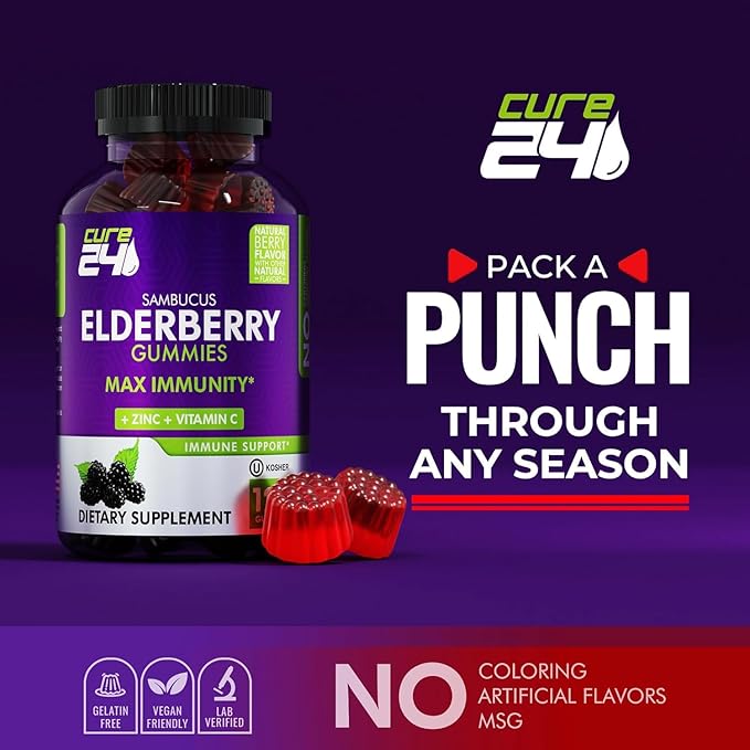 Sambucus Elderberry Gummies + Vitamin C + Zinc for Kids & Adults, X3 Immune Support, Natural Flavors + Ingredients, Vegan, Non-GMO, Made in USA (120)