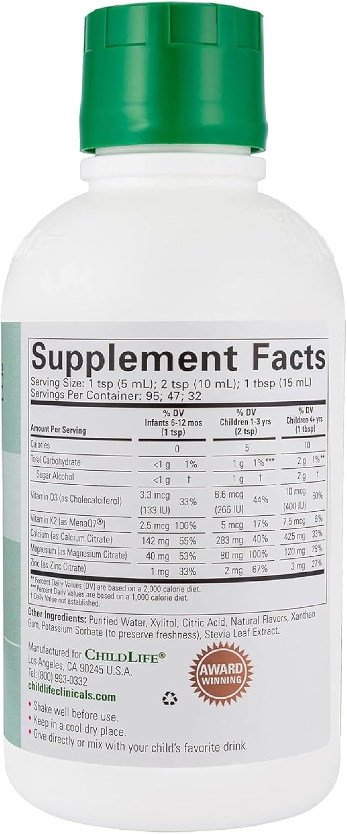 CHILDLIFE ESSENTIALS Clinicals Bone Health - Baby Liquid Calcium, Kids Calcium Liquid w/Magnesium, Zinc, Vitamin D3, for Babies 6 Months & Up, Toddlers, Children - Orange Flavor, 16 fl oz (1 Pack)