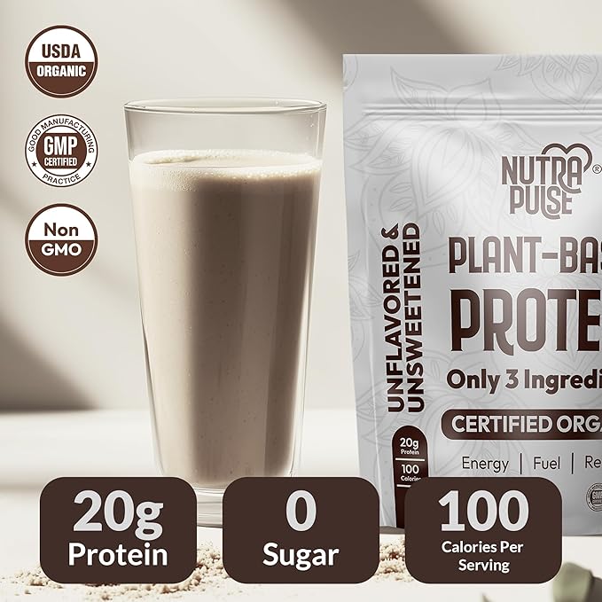 Organic Vegan Protein Powder – Unflavored, Plant-Based, Gluten-Free, Non-GMO, Soy-Free, 20g Protein Per Serving, Ideal for Smoothies, Shakes, Baking, Cooking (1 Pack, 20 Servings)
