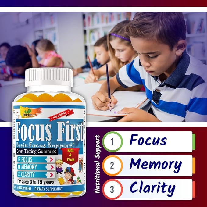 Focus First Kids Focus Support Gummies, Kids Brain Booster Focus Vitamins for Kids, Memory Booster Gummies for Brain with DHA/EPA Omega 3 6 9-60ct