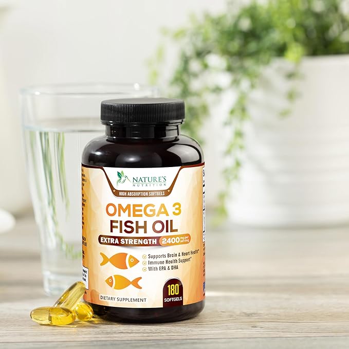 Triple Strength Omega 3 Fish Oil - 2400 mg Natural Omega-3 Supplements Support Brain, Heart & Joint Health with EPA & DHA Essential Fatty Acids - Lemon Flavor, Burpless, Wild Caught - 180 Softgels