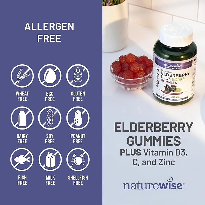 NatureWise Sambucus Elderberry Gummies - Immune Support Supplement for Kids Ages 4+ & Adults with Vitamin C, D3, Zinc - Elderberries Equivalent to 3520mg - Vegan, Non-GMO - 90 Count[45-Day Supply]