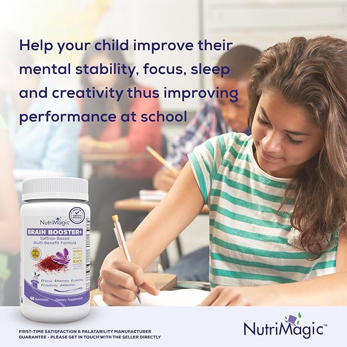 Brain Booster+ 30mg Pure Saffron Extract Gummies & Multivitamin D3, B6, B12, Zinc, Supports Kids Focus, Memory, Attention & Mood Balance - Promotes Brain Health Support, 60x Non-GMO Gummy
