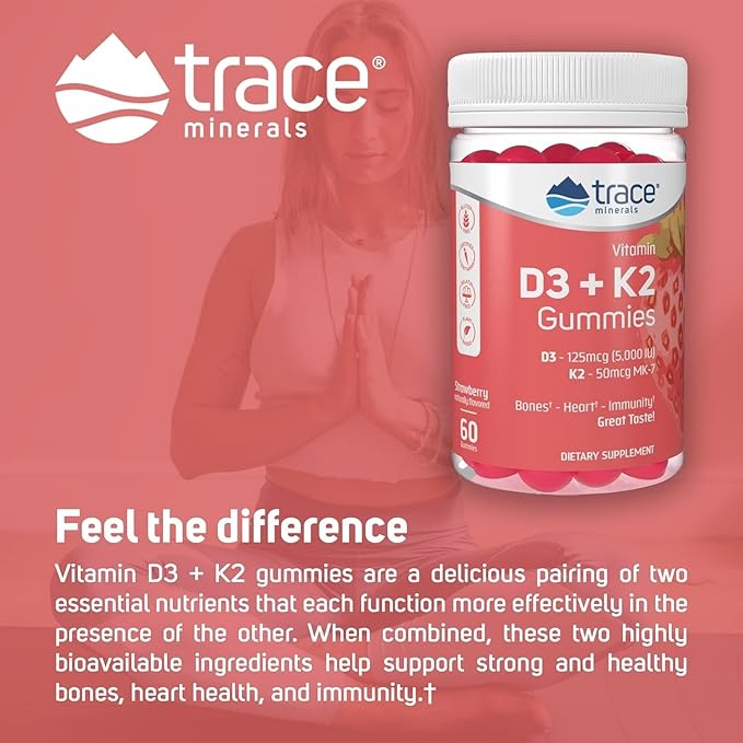Trace Minerals | Vitamin D3 + K2 Gummies | 5,000 IU D3 + 50 mcg K2 | Vegan, Sugar Free, Gluten Free, Natural Strawberry Flavor | 60 Servings
