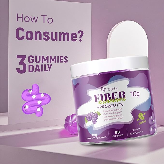 10G Fiber Gummies for Adults, No Sugar Added Grape Flavor, Fiber Supplement with 30 Billion CFU Probiotics Blend, ACV, Vitamin C, Inulin, Support Digestive Health, 90 Count