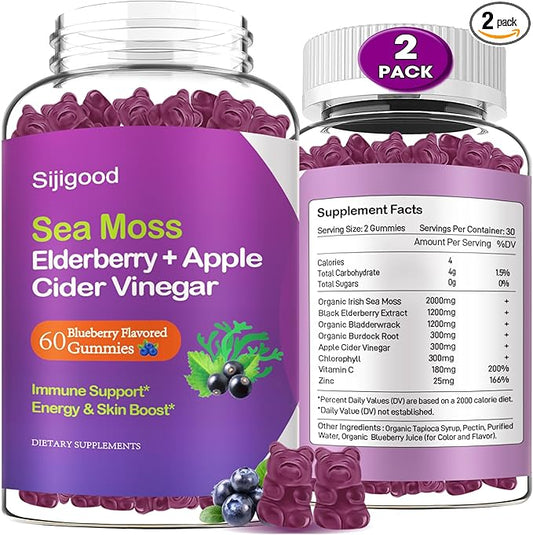 2 Pack Irish Sea Moss Gummies with Elderberry, Bladderwrack, Burdock, Chlorophyll - Digestion, Skin, Hair and Enhance Immunity - Adults Kids Women Men, 120 Blueberry Flavored Gummies