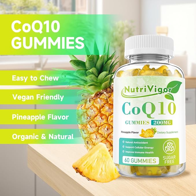 CoQ10 Gummies, Coenzyme Q10 Supplement 200 mg, High Absorption CoQ10 Supplement for Cellular Energy and Immune Health, Vegan, Gluten Free, Pineapple Flavor, 60 Count