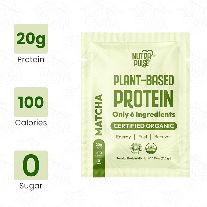Organic Vegan Protein Powder Sample Pack - Plant-Based Protein, Gluten-Free, Non GMO, 20g Protein Per Serving, Great for Smoothies & Shakes (Matcha, Pack of 8)