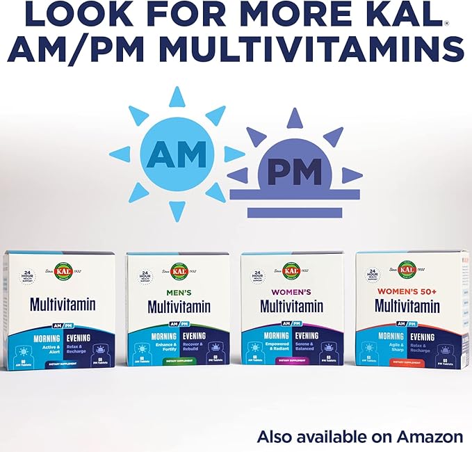 KAL Women's Multivitamin AM/PM, 2-in-1 Multivitamins for Women with Ashwagandha, Silica, Organic Spirulina, and GABA for Cellular Energy, Bone Strength, Immune Support, Vegan, 30 Servings, 120 Tablets