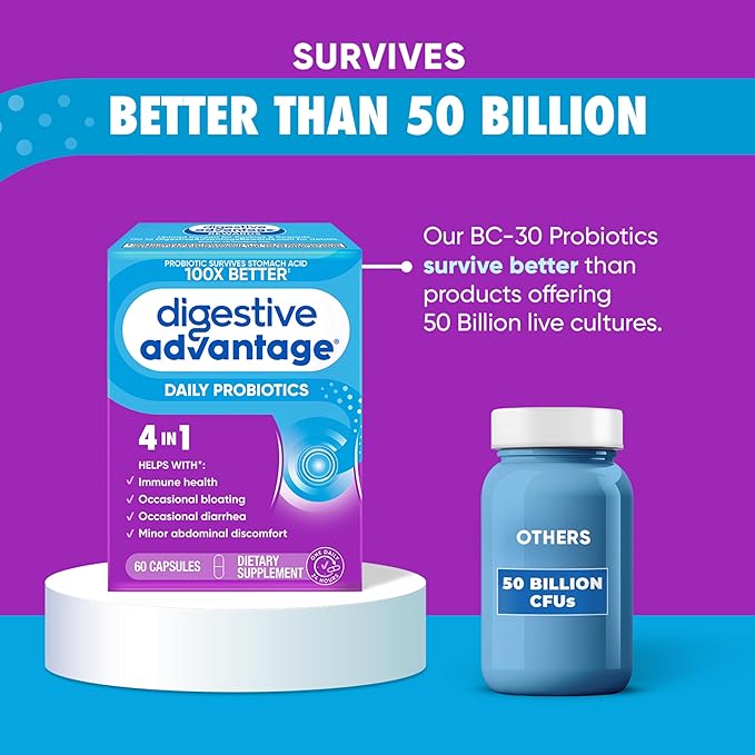 Digestive Advantage Probiotics For Digestive Health, Daily Probiotics For Women & Men, Supports Gut Health, Occasional Bloating & Diarrhea, Minor Abdominal Discomfort, & Immune Support, 60ct Capsules