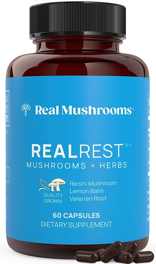 Real Mushrooms RealRest 60ct Reishi Mushroom Capsules for Relaxation - Organic with Lemon Balm Herb Sleep Support Supplement Complex Rest Immune