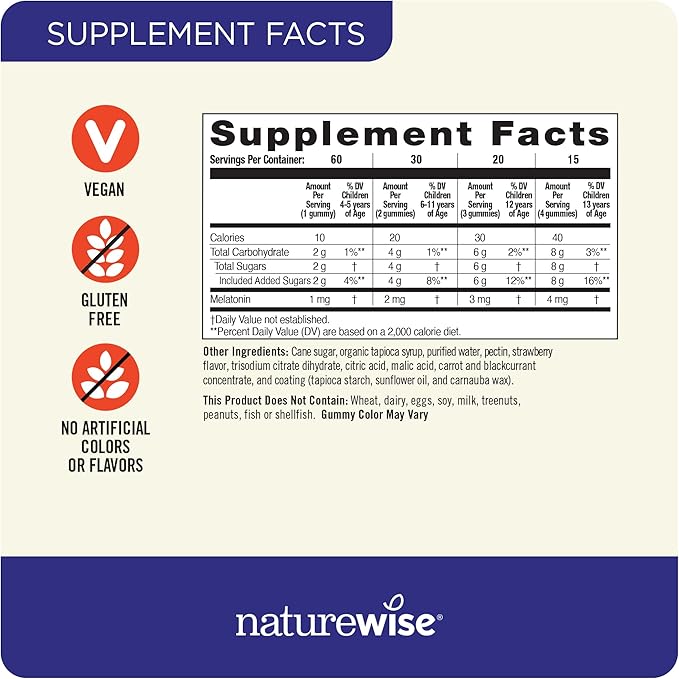 Naturewise Kids Melatonin Gummies 1 mg - Drug-Free, Non-Habit Forming Sleep Aid for Children Ages 4 & Up - Strawberry Flavored Gummy Bears - Vegan, Gluten Free, Non-GMO - 180 Count[6-Month Supply]
