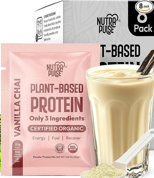 Organic Vegan Protein Powder Sample Pack - Plant-Based Protein, Gluten-Free, Non GMO, 20g Protein Per Serving, Great for Smoothies & Shakes (Vanilla Chai, Pack of 8)
