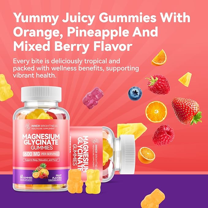 Magnesium Glycinate Gummies 600mg, Non-GMO, Gluten-Free, Magnesium Gummies for Adults & Kids, Sleep, Relaxation & Focus, 3 in 1 Flavor, 60 Count