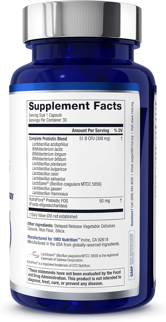1MD Nutrition Complete Probiotics Platinum - w/Prebiotics and Probiotics for Digestive Health - Probiotic Supplement for Women & Men - More Than 50 Billion Live CFU 11 Strains Dairy-Free - 30 Caps
