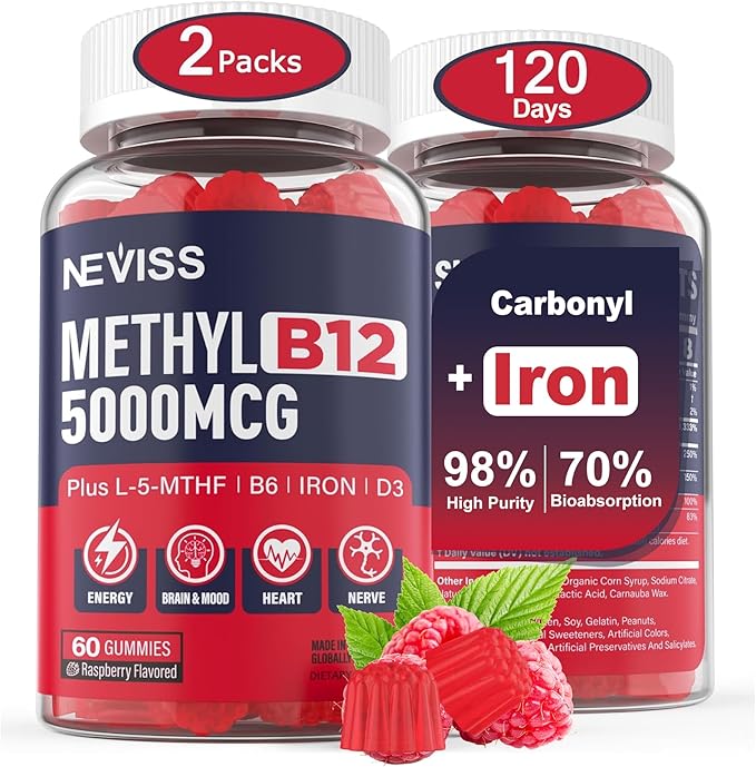 Iron 18mg + B12 Vitamins 5000 mcg Gummies for Adults Women & Men - w/Ultra Strength Active Methyl B-12, L-MethylFolate & B6 (P5P) - Carbonyl Iron Supplement Gummy for Energy, Immune & Focus,120Cts