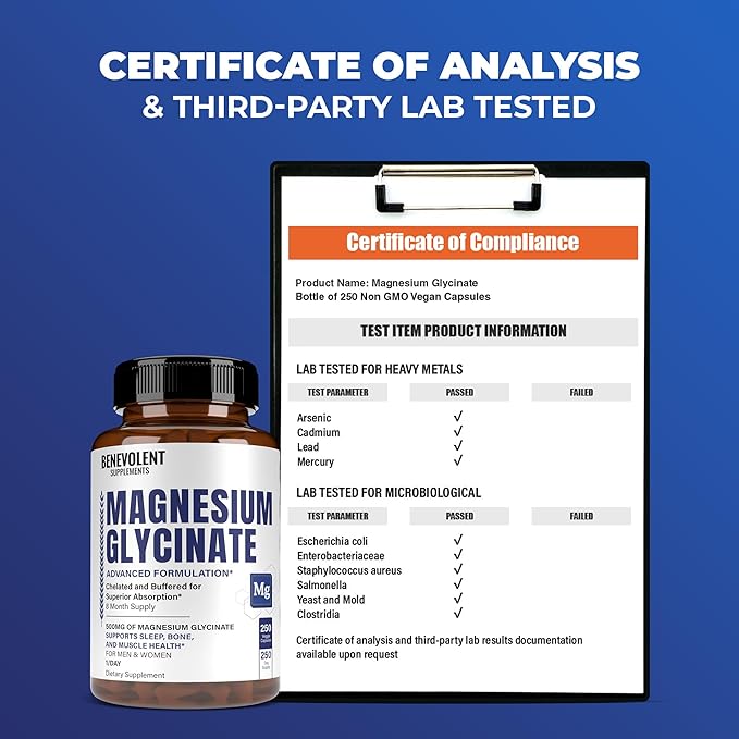 Premium Magnesium Glycinate 500mg Capsules High Absorption Formula Chelated Buffered Glycinate to Support Digestion, Bone, Sleep & Muscle Health - Made in USA - 250 Capsules