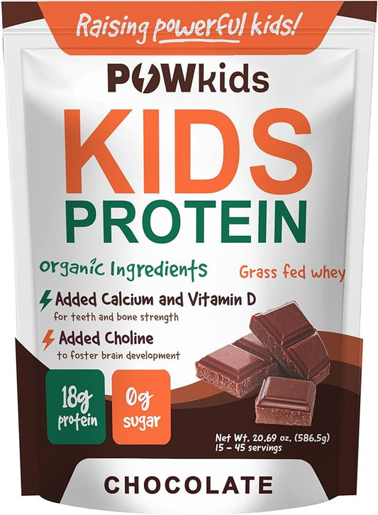 Kids Protein Powder – Zero Sugar, 18g Grass-Fed Whey Proteins, Organic Ingredients – Calcium & Choline for Bone Strength & Brain Development, Teens Shake, 15-45 Servings – Chocolate